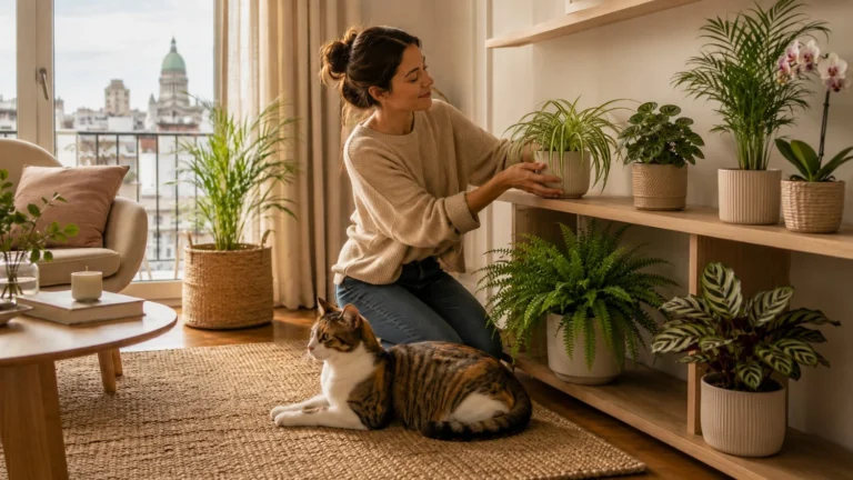 Gato tranquilo cerca de plantas de interior seguras mientras su tutora acomoda macetas en un departamento luminoso.