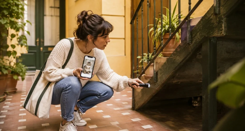 Tutora buscando a su gato en la escalera de un edificio con una foto en el celular y una linterna.