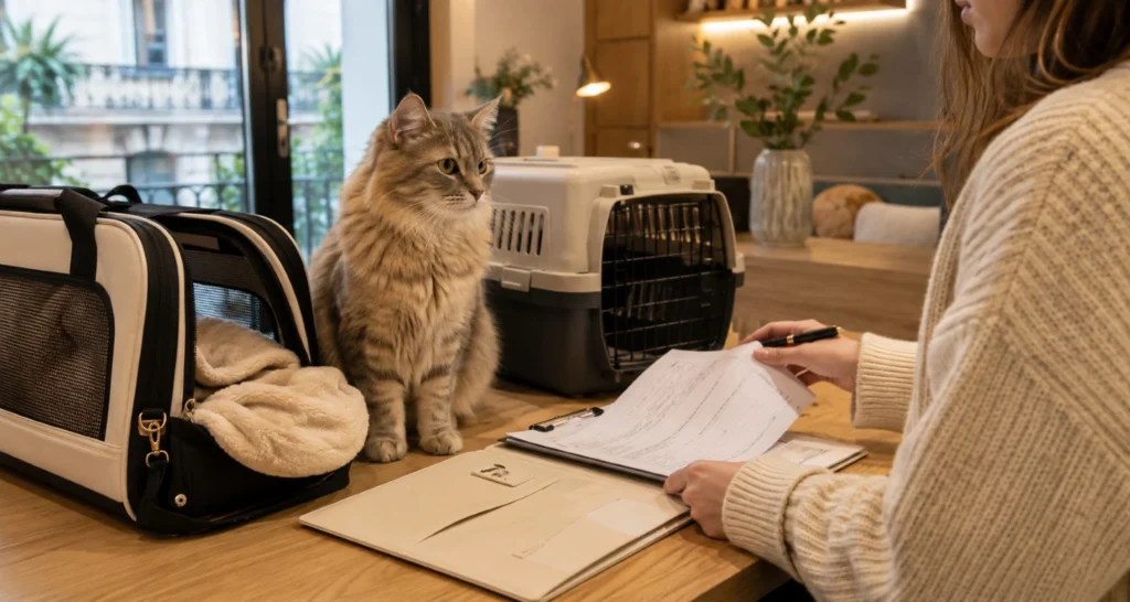 Tutora preparando documentación veterinaria y transportadora antes de una estadía para su gato en un hotel felino.