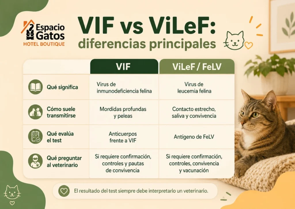 Infografía de Espacio Gatos sobre diferencias entre VIF y ViLeF en gatos: significado, transmisión, test y preguntas para el veterinario.