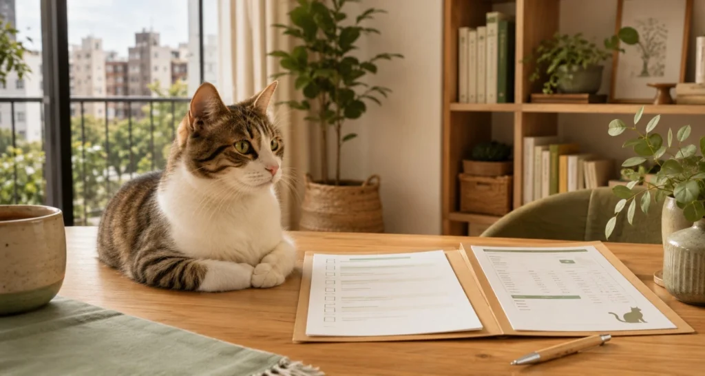 Gato tranquilo junto a documentación veterinaria sobre test VIF y ViLeF en un departamento luminoso.