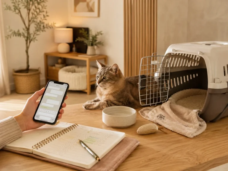 Tutora preparando por celular una consulta para cotizar la estadía de su gato, junto a una libreta y una transportadora abierta.
