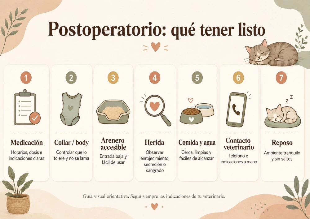 Infografía de Espacio Gatos sobre cuidados postoperatorios en gatos: medicación, collar o body, arenero accesible, herida, comida, agua, contacto veterinario y reposo.