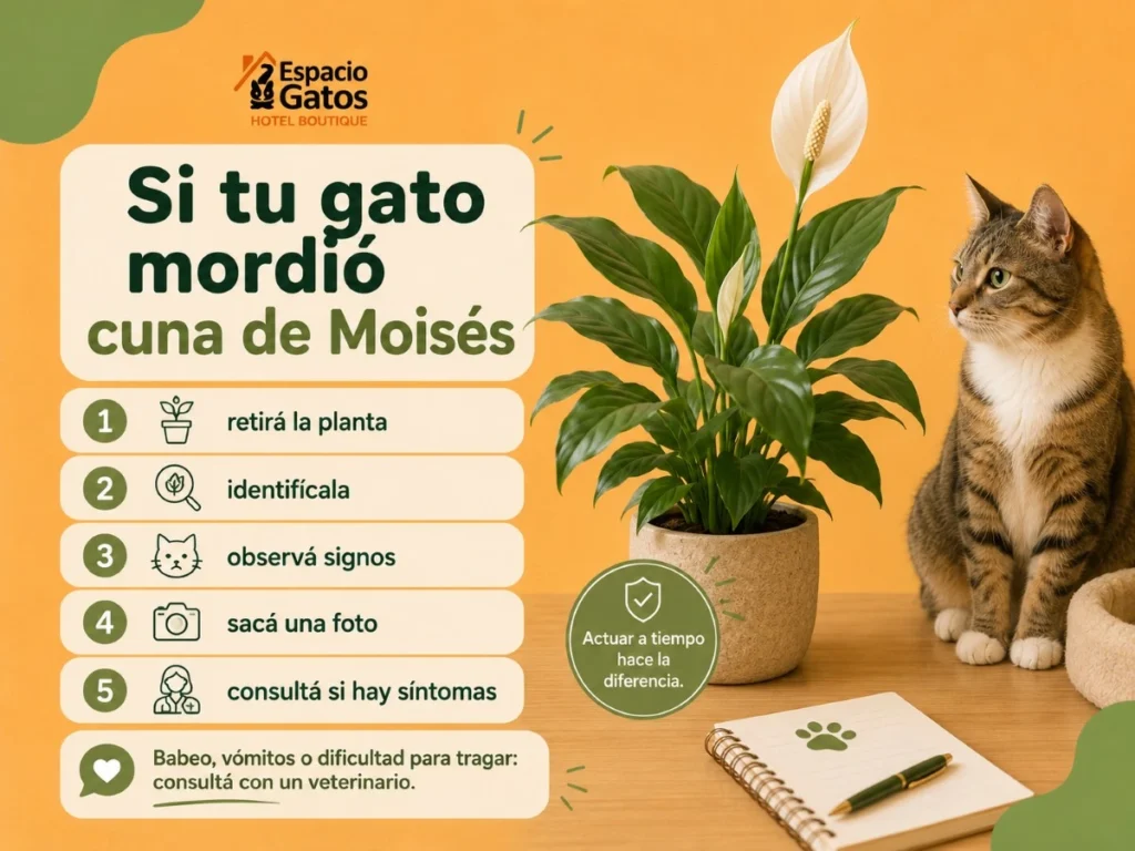 Infografía de Espacio Gatos con cinco pasos para actuar si un gato mordió una cuna de Moisés: retirar la planta, identificarla, observar signos, sacar una foto y consultar al veterinario.