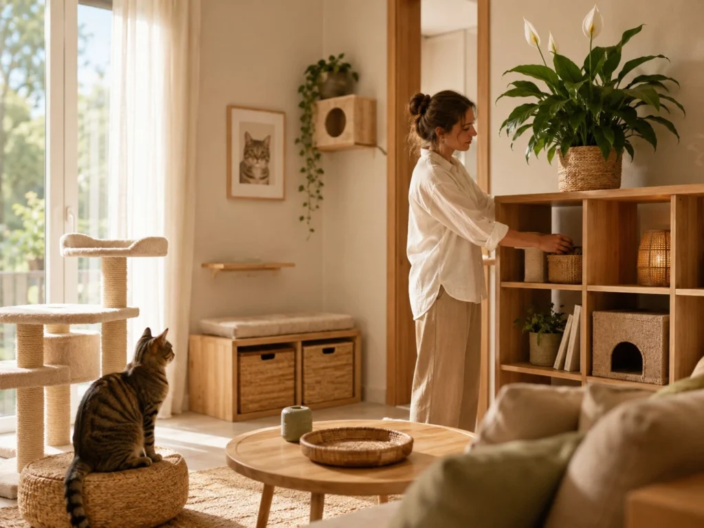 Gato observando a distancia una cuna de Moisés mientras su tutora reorganiza la planta en un departamento luminoso y seguro.
