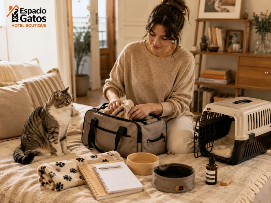 Tutora preparando un bolso de fin de semana mientras su gato observa junto a una transportadora abierta en un departamento de CABA.