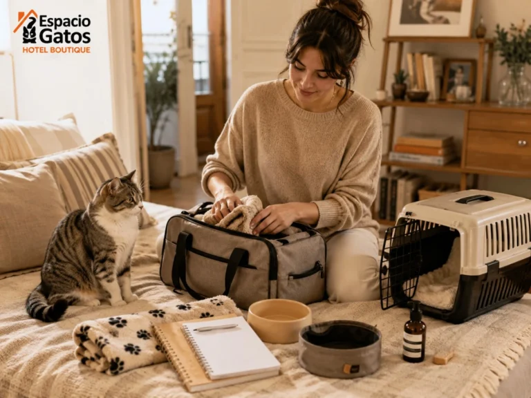Tutora preparando un bolso de fin de semana mientras su gato observa junto a una transportadora abierta en un departamento de CABA.
