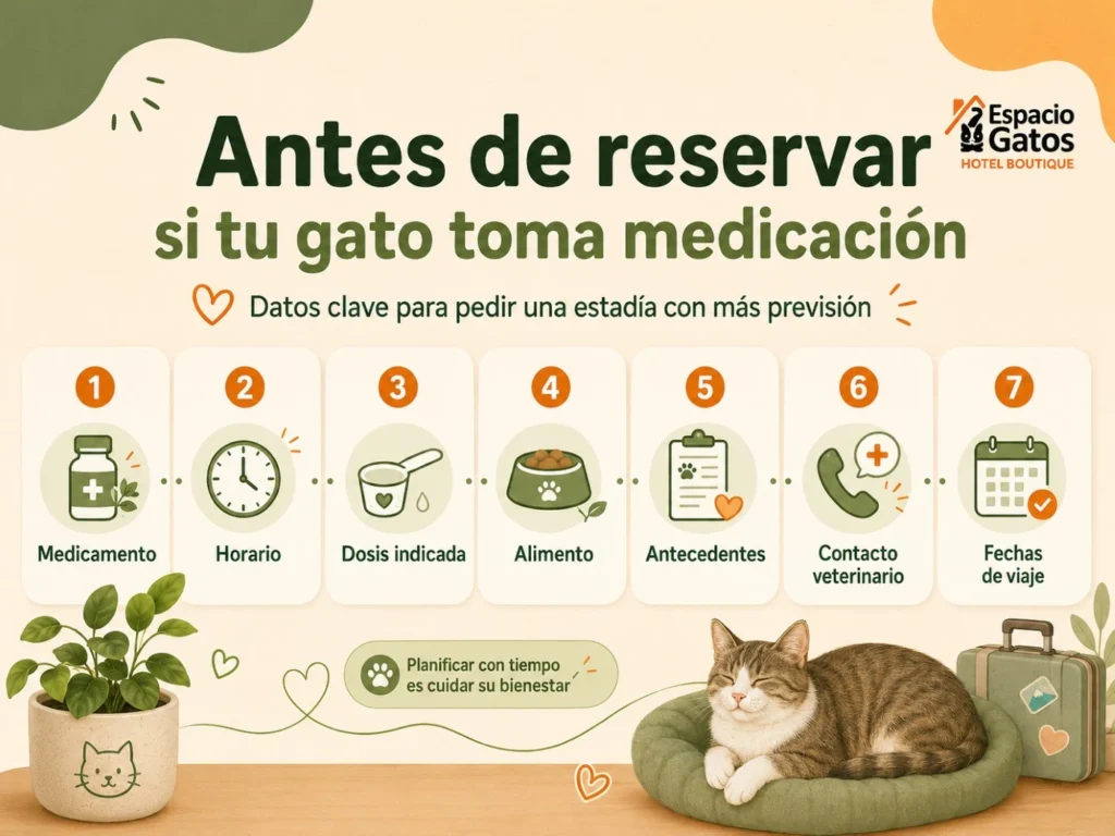 Infografía de Espacio Gatos con los datos que conviene tener antes de reservar una estadía si tu gato toma medicación.