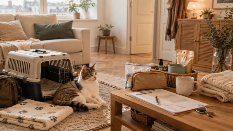 Gato tranquilo junto a su transportadora, alimento e indicaciones preparadas antes de una estadía durante las vacaciones de invierno.