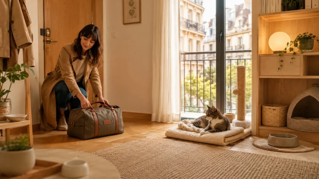 Tutora regresando de vacaciones mientras su gato descansa tranquilo en su espacio habitual dentro de un departamento de CABA.