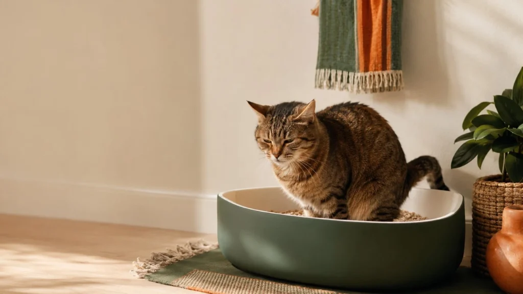 Gato dentro de un arenero doméstico, una posible señal de estreñimiento o dificultad para defecar.