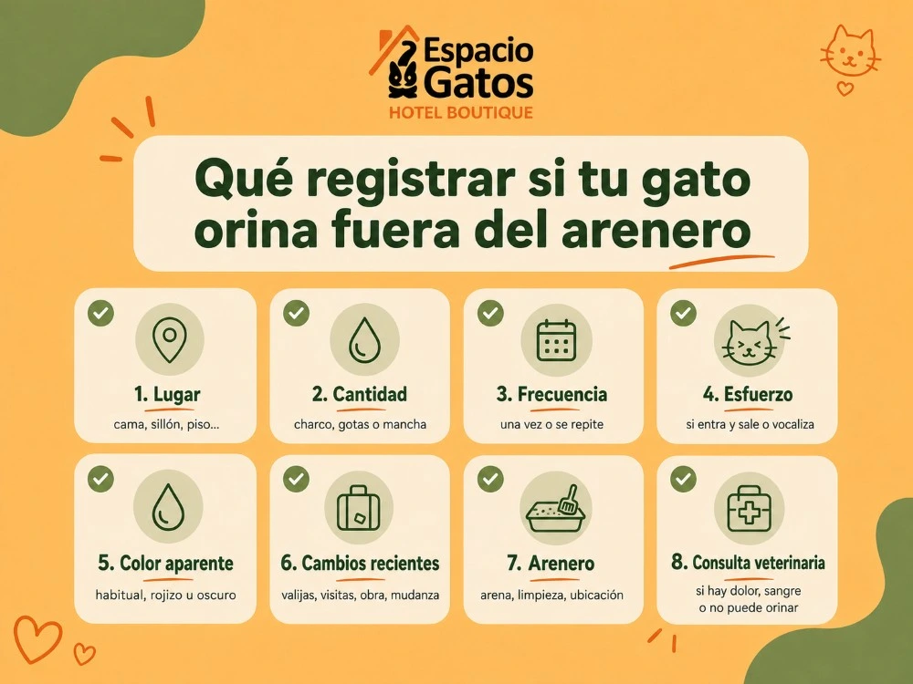 Infografía con los datos que conviene registrar si un gato orina fuera del arenero: lugar, cantidad, frecuencia, esfuerzo, color y cambios recientes.