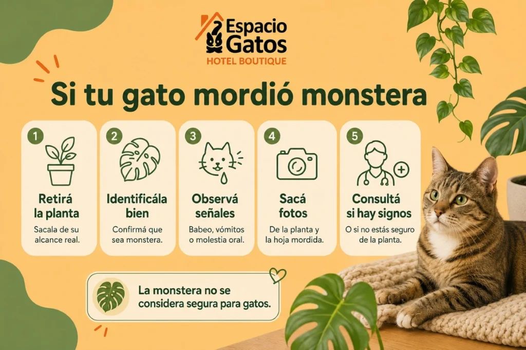 Infografía de Espacio Gatos sobre qué hacer si un gato mordió una monstera: retirar la planta, identificarla, observar señales y consultar al veterinario.