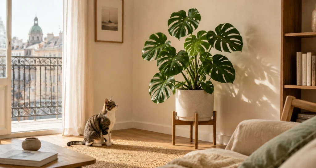 Gato mirando desde lejos una monstera o costilla de Adán ubicada fuera de su alcance en un departamento luminoso.