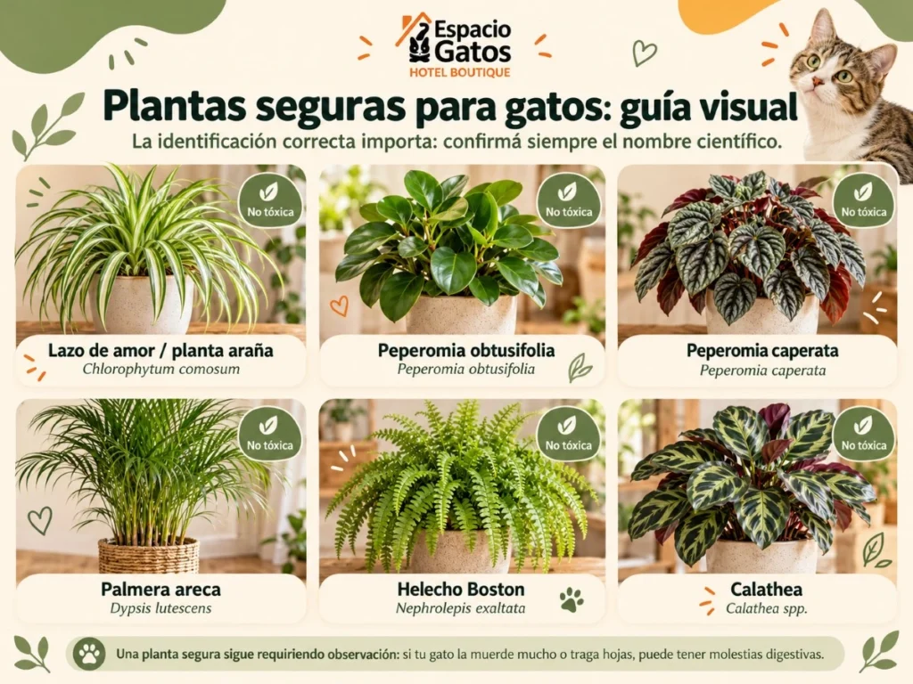 Infografía con plantas seguras para gatos identificadas por nombre común y científico