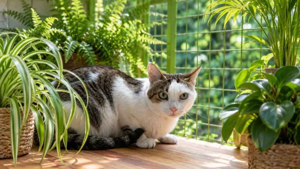 Gato junto a plantas de interior seguras para gatos en un ambiente luminoso