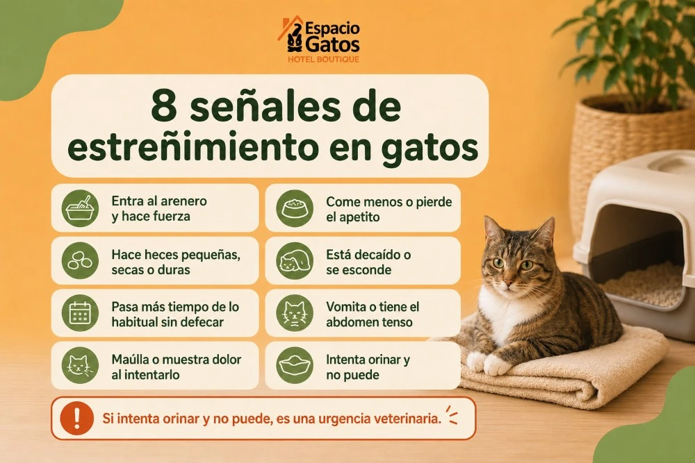 Infografía con ocho señales de estreñimiento en gatos y advertencia veterinaria ante la dificultad para orinar.