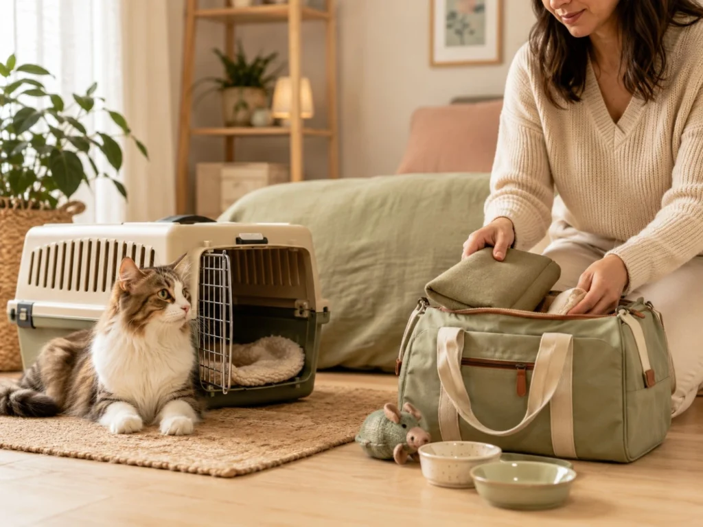 Tutora preparando el bolso y la transportadora de su gato antes de organizar una estadía por un viaje imprevisto.