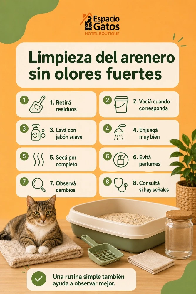 Infografía con ocho pasos para limpiar el arenero del gato y mantenerlo en buenas condiciones.