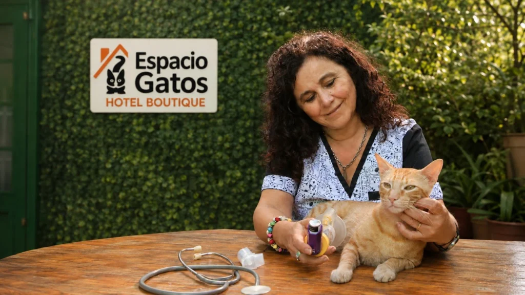 Margaret acompaña a un gato naranja durante un cuidado respiratorio en Espacio Gatos.
