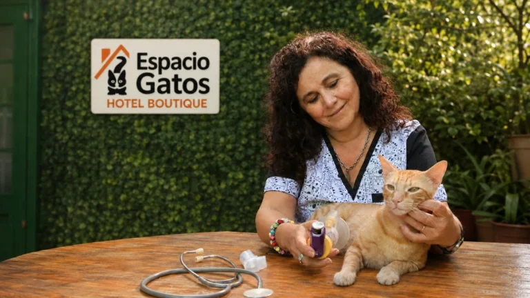 Margaret acompaña a un gato naranja durante un cuidado respiratorio en Espacio Gatos.