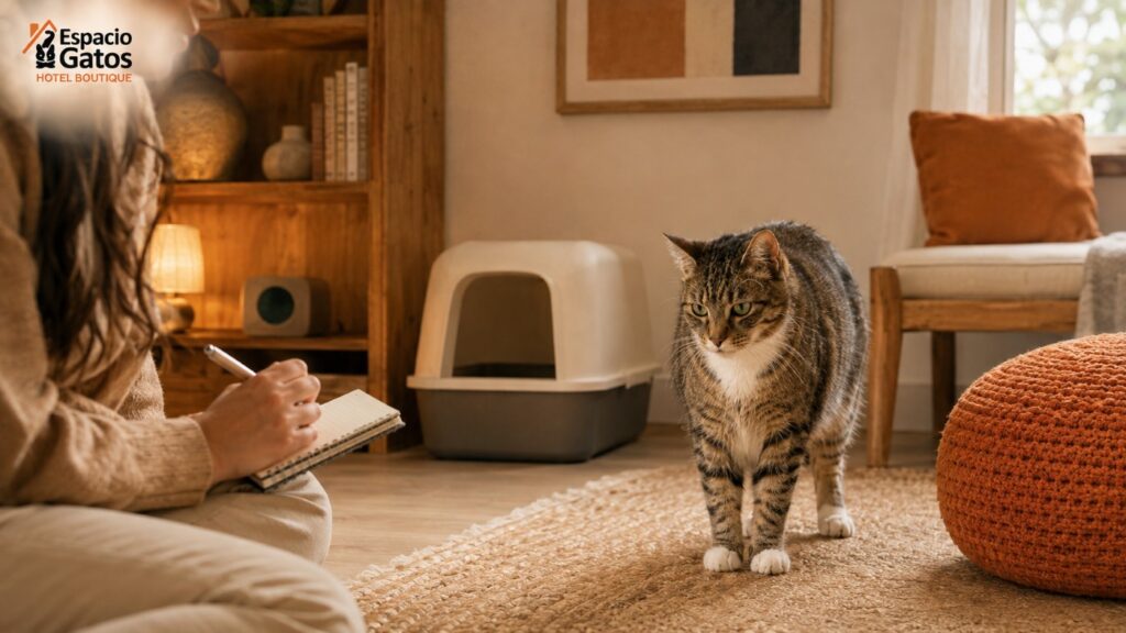 Tutora observa a su gato junto al arenero y registra posibles cambios digestivos antes de la consulta veterinaria.