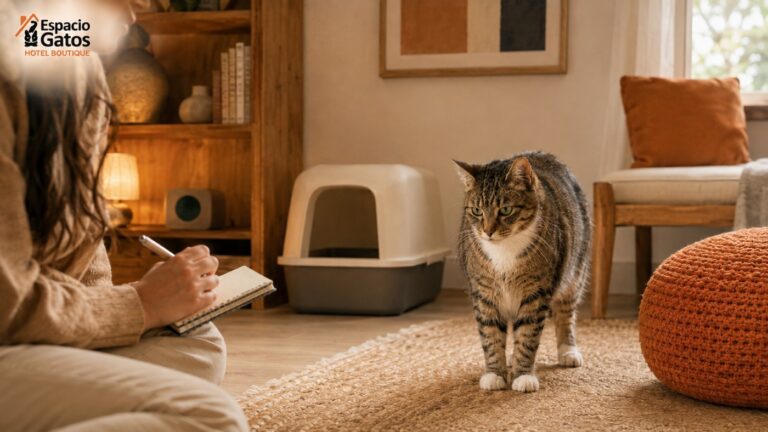 Tutora observa a su gato junto al arenero y registra posibles cambios digestivos antes de la consulta veterinaria.