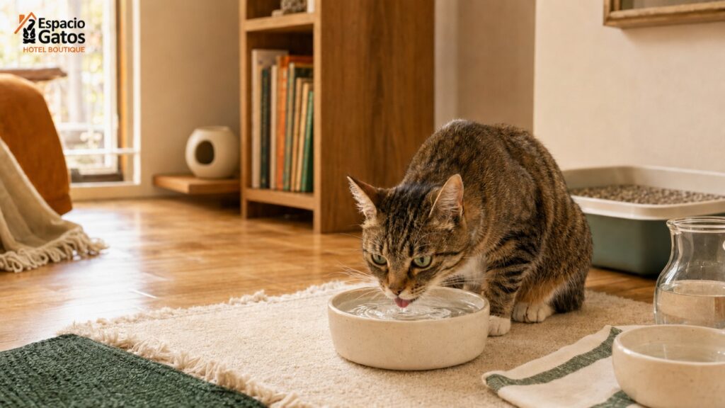 Gato adulto bebiendo agua de un recipiente, conducta que conviene observar si aumenta su sed habitual.