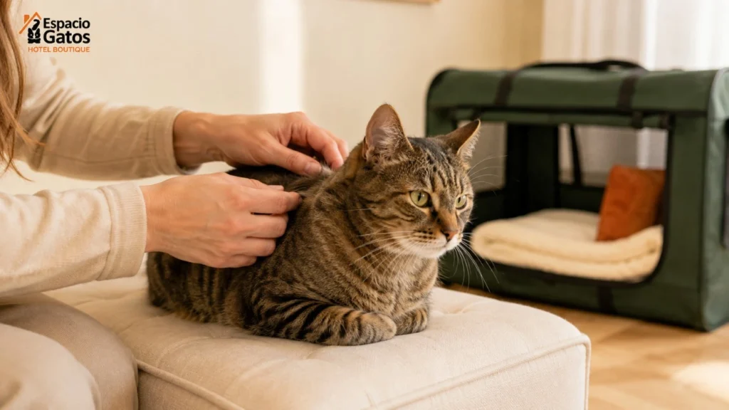 Tutora revisa cuidadosamente el pelaje de su gato antes de una estadía, con la transportadora preparada al fondo.