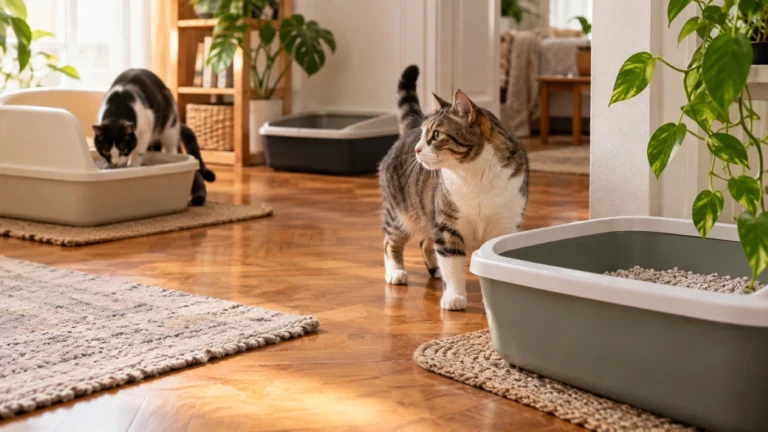 Gato junto a varios areneros distribuidos en distintos sectores de una casa