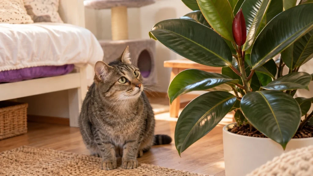Gato junto a un gomero Ficus elastica en el interior de una casa