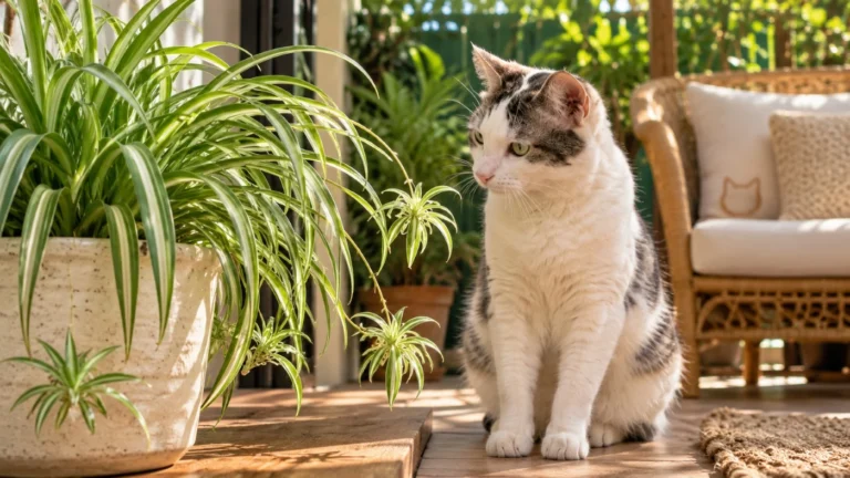 Gato junto a una planta lazo de amor Chlorophytum comosum en un hogar