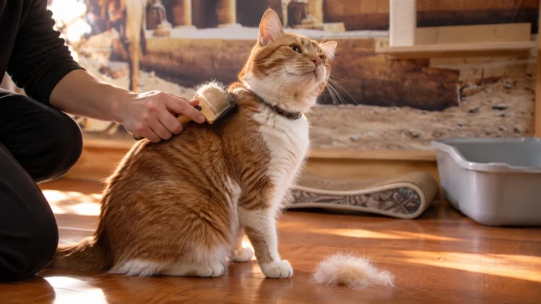 Gato siendo cepillado durante la muda de pelo de primavera en un hogar de Argentina