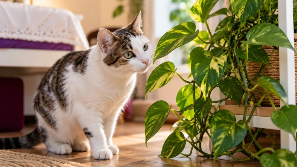 Gato cerca de una planta potus Epipremnum aureum en el interior de una casa