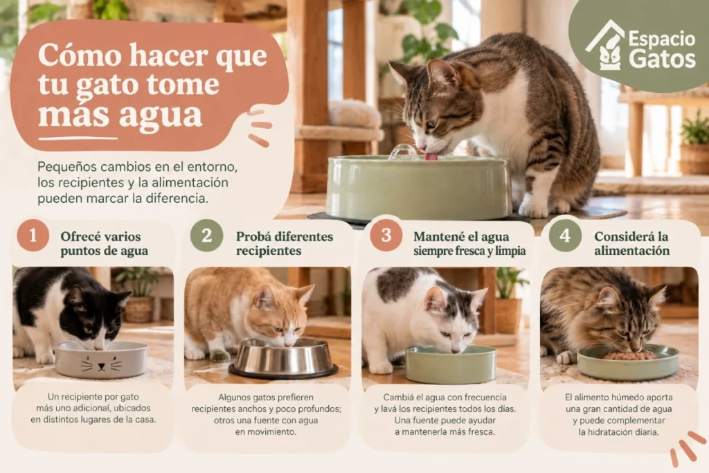 Infografía con cambios simples para ayudar a un gato a tomar más agua
