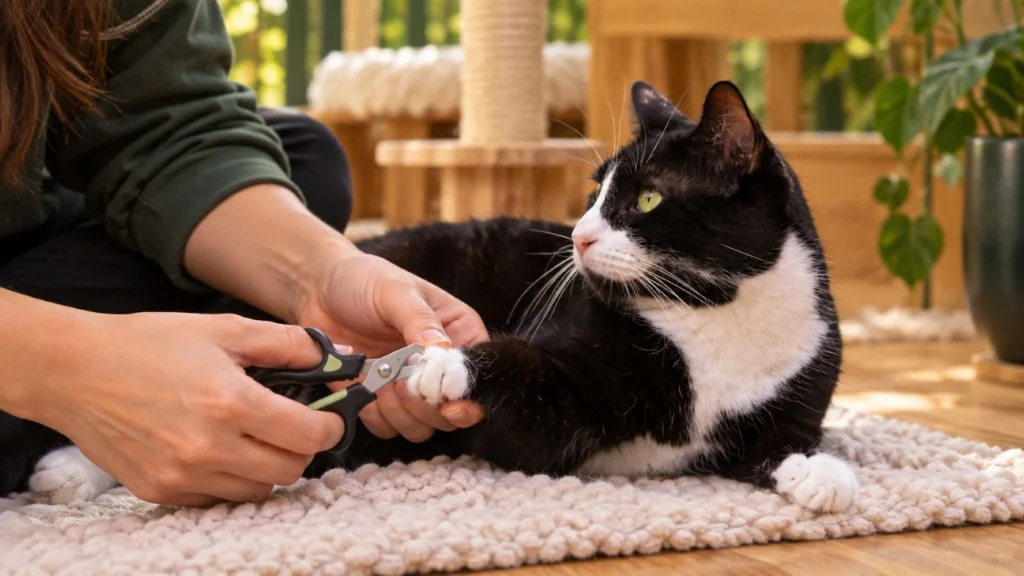 Persona cortando con cuidado la uña de un gato relajado