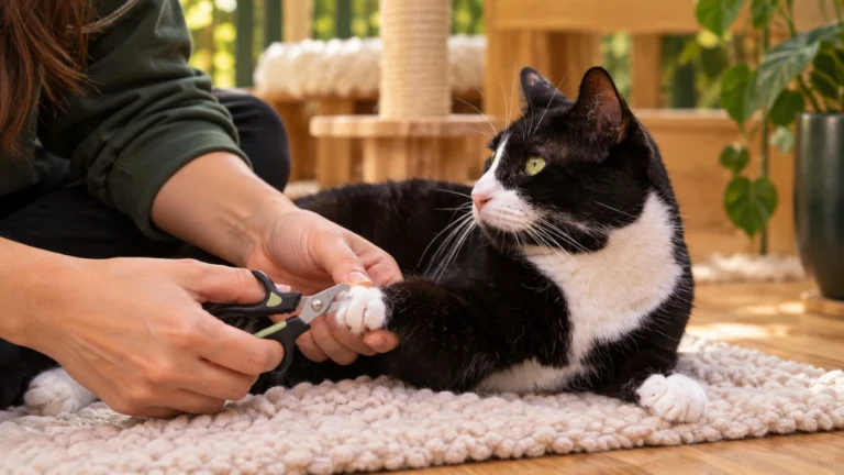 Persona cortando con cuidado la uña de un gato relajado