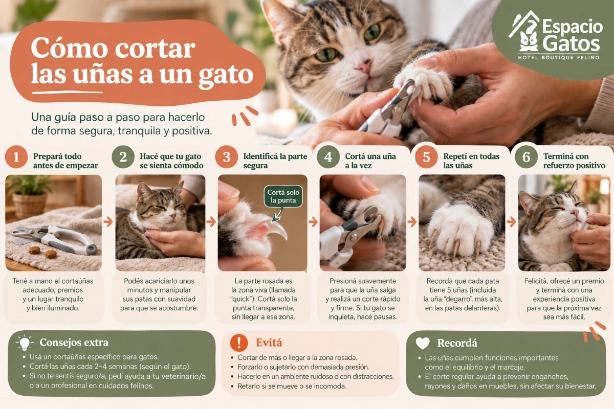 Infografía paso a paso sobre cómo cortar las uñas a un gato sin estresarlo