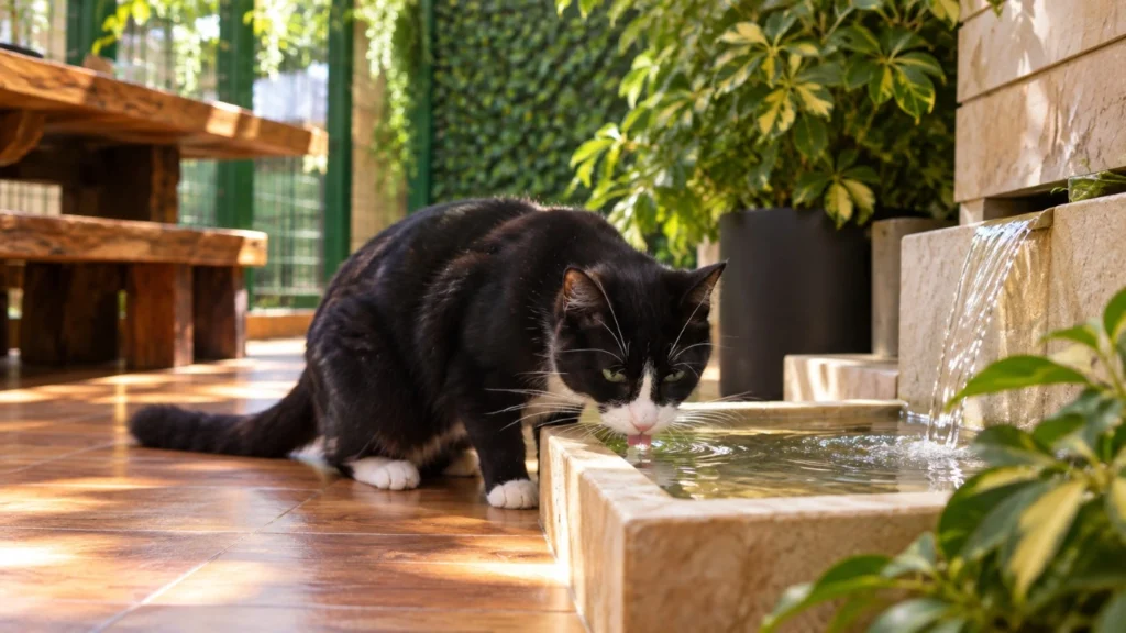 Gato tomando agua de una fuente en un ambiente tranquilo