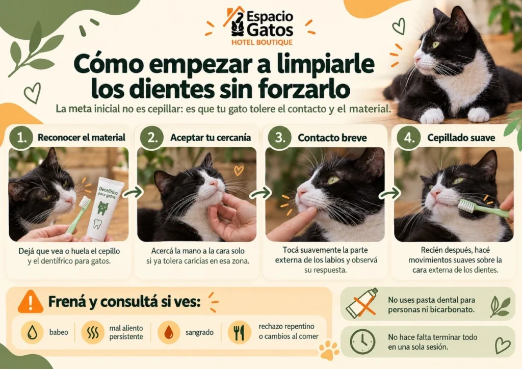 Infografía sobre cómo acostumbrar gradualmente a un gato al cepillado dental