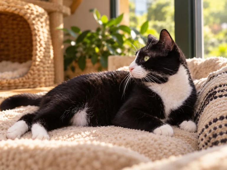 Gato descansando junto a una ventana mientras se observan cambios en su bienestar