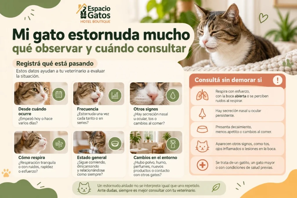 Infografía sobre qué observar si un gato estornuda mucho y cuándo consultar al veterinario