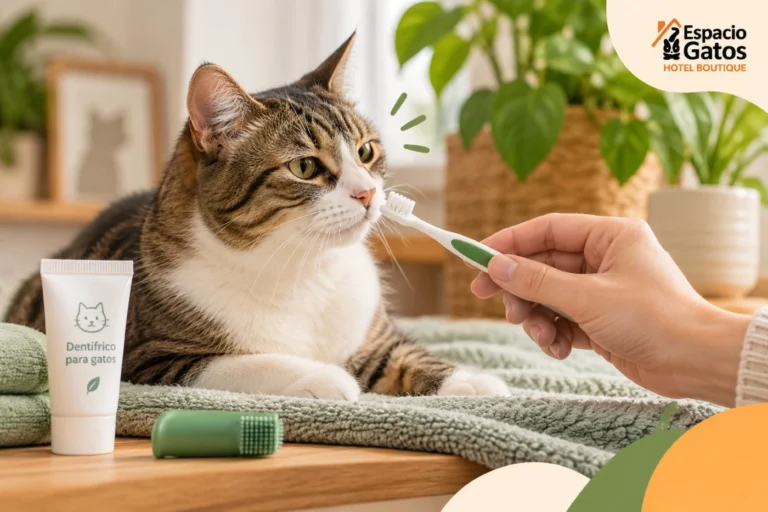Gato con cepillo y dentífrico para gatos durante una introducción gradual al cuidado dental