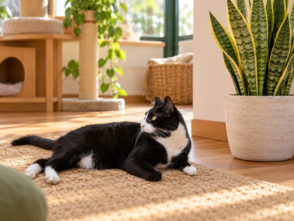 Gato en un ambiente doméstico separado de una sansevieria o lengua de suegra