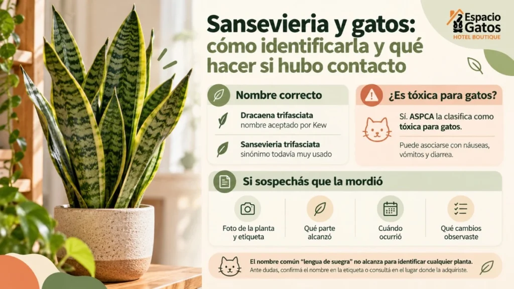 Infografía sobre sansevieria o lengua de suegra, su identificación y riesgo para gatos